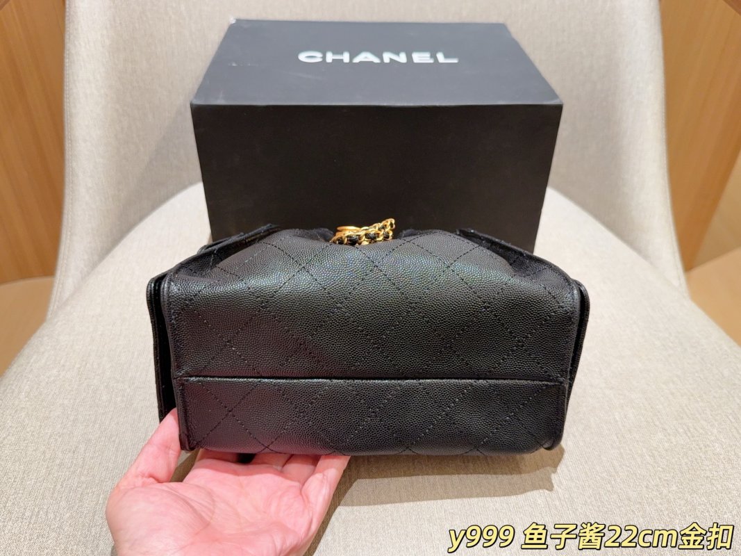 Chanel Classic Caviar Mini Bucket Hobo Bag Black Gold Chain view