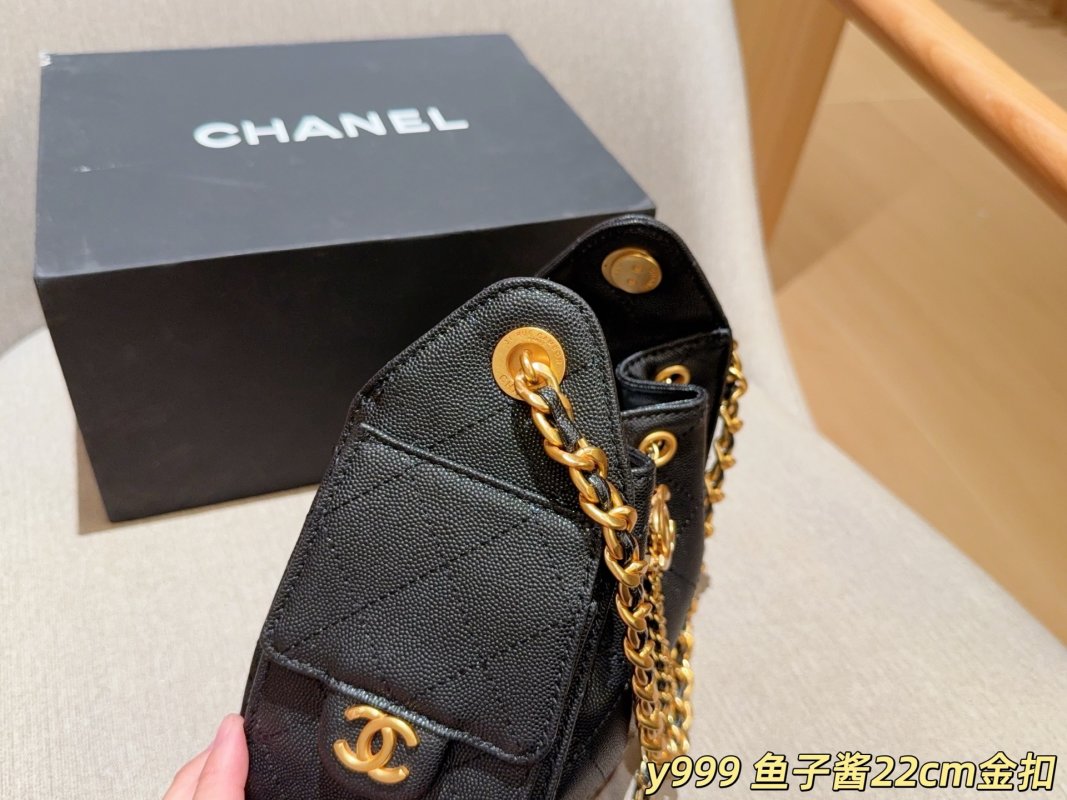 Chanel Classic Caviar Mini Bucket Hobo Bag Black Gold Chain view