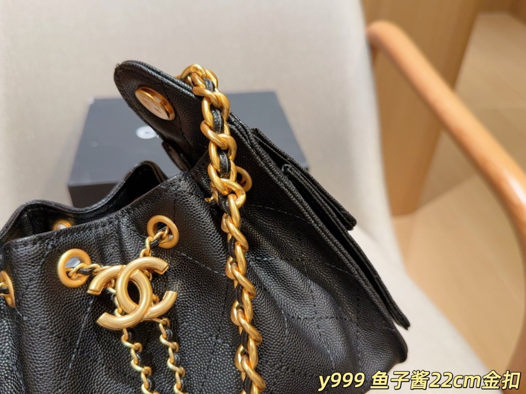 Chanel Classic Caviar Mini Bucket Hobo Bag Black Gold Chain view