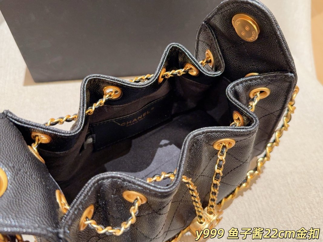 Chanel Classic Caviar Mini Bucket Hobo Bag Black Gold Chain view