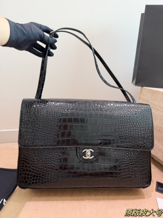 Chanel 26S Maxi Flap Black Crocodile Leather Silver Hardware Shoulder Bag