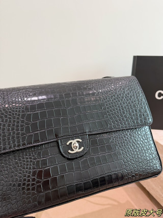 Chanel 26S Maxi Flap Black Crocodile Leather Silver Hardware Shoulder Bag view 3