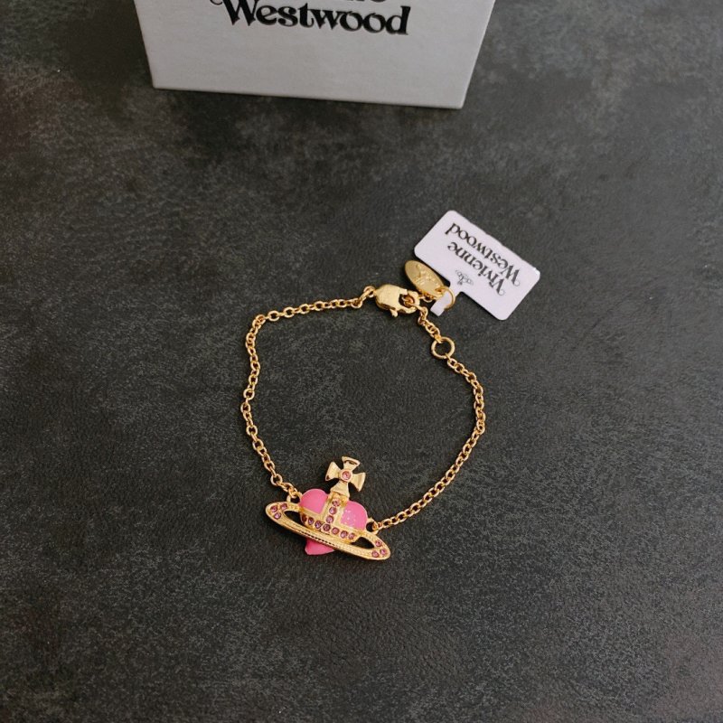 Vivienne Westwood Saturn Gold Chain Bracelet with Pink Stone view
