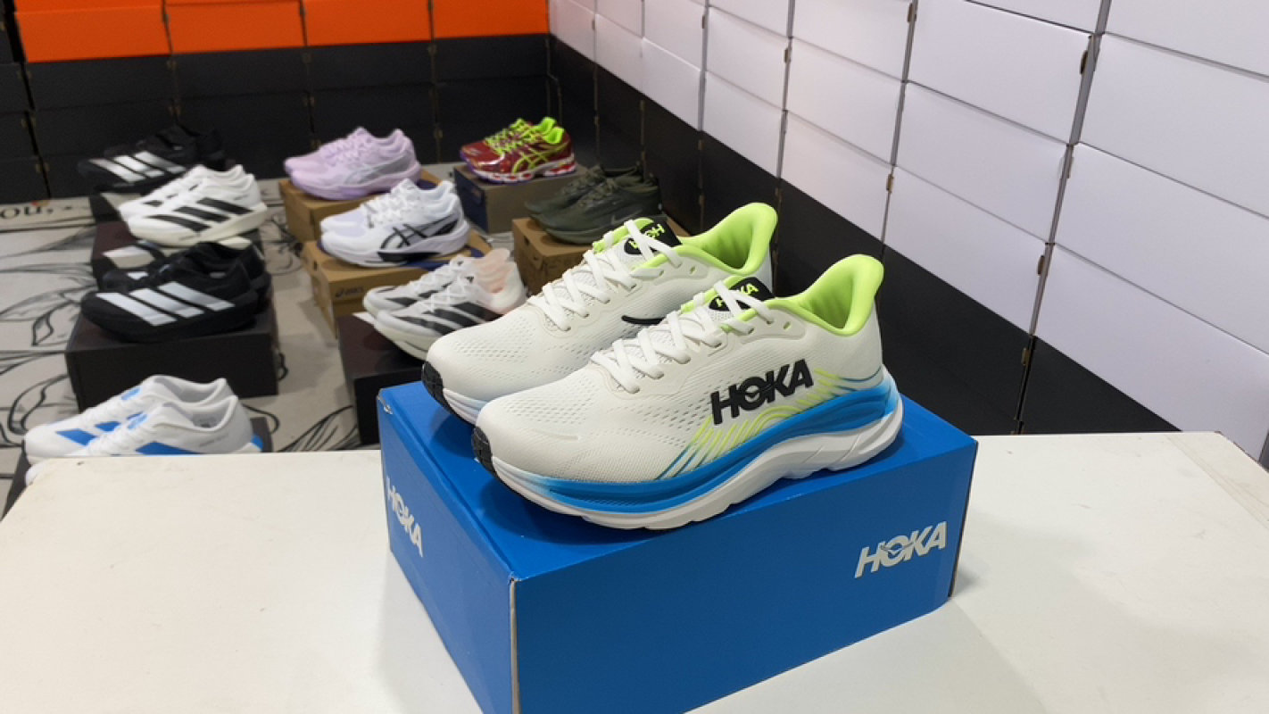 HOKA Clifton 11 Cream Blue Neon Yellow Running Shoe