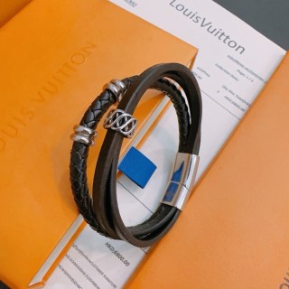 Louis Vuitton Black Leather Dual Strand Bracelet with Silver Hardware