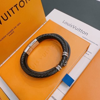 Louis Vuitton Black Leather Dual Strand Bracelet with Silver Hardware view 2
