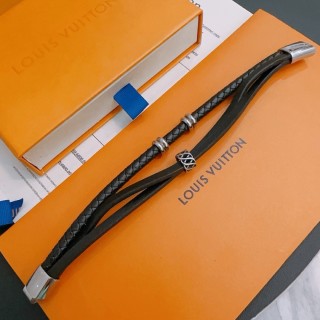 Louis Vuitton Black Leather Dual Strand Bracelet with Silver Hardware view 3