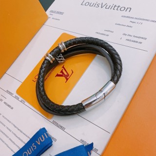 Louis Vuitton Black Leather Dual Strand Bracelet with Silver Hardware view 4