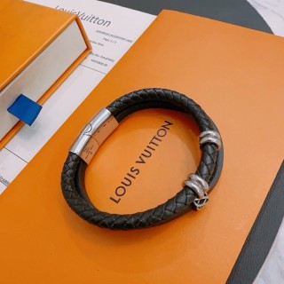 Louis Vuitton Black Leather Dual Strand Bracelet with Silver Hardware view 6