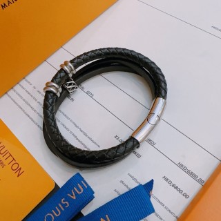 Louis Vuitton Black Leather Dual Strand Bracelet with Silver Hardware view 8