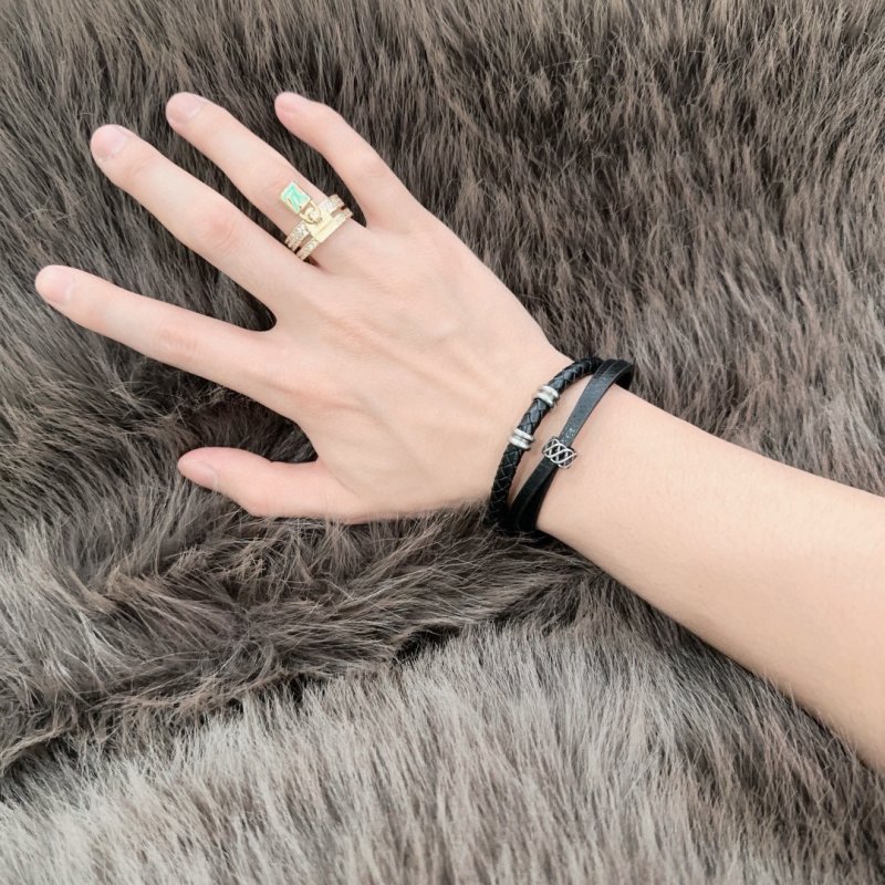 Louis Vuitton Black Leather Dual Strand Bracelet with Silver Hardware view