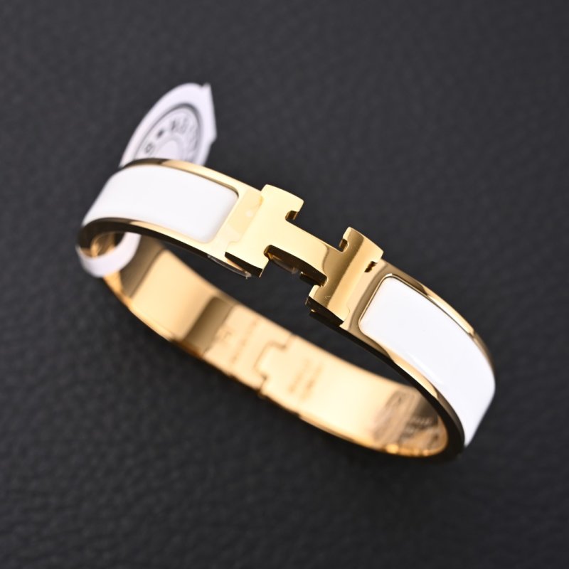 Hermès Clic H White Enamel Gold Bangle Bracelet view
