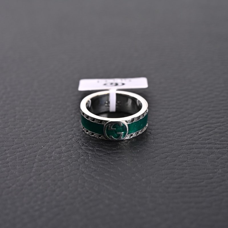 Gucci Double G Silver-Tone Ring with Green Enamel