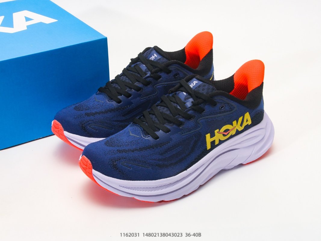 Hoka One One Clifton 10 Navy Yellow Coral Running Shoe view