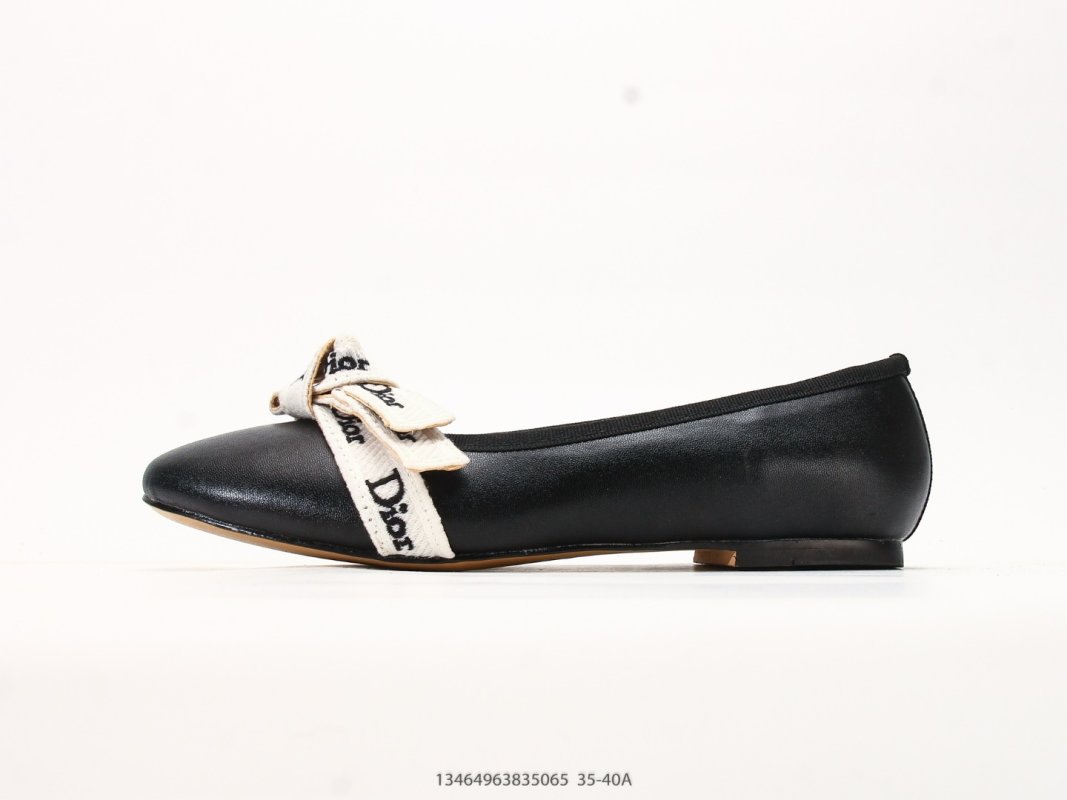Dior J'Adior Ballet Flat Black Leather White Ribbon Bow view