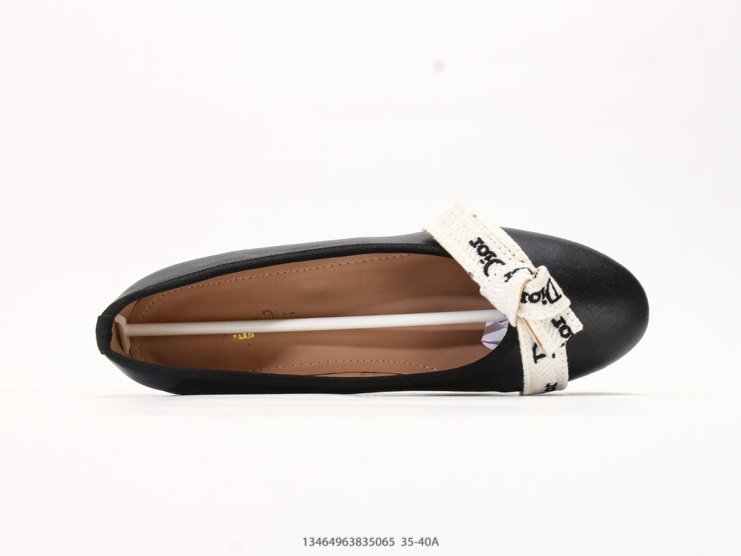 Dior J'Adior Ballet Flat Black Leather White Ribbon Bow view