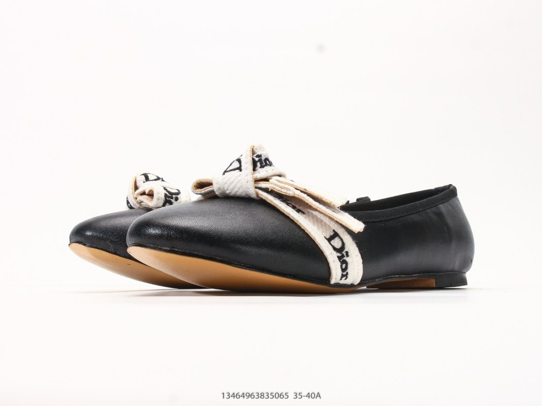 Dior J'Adior Ballet Flat Black Leather White Ribbon Bow view