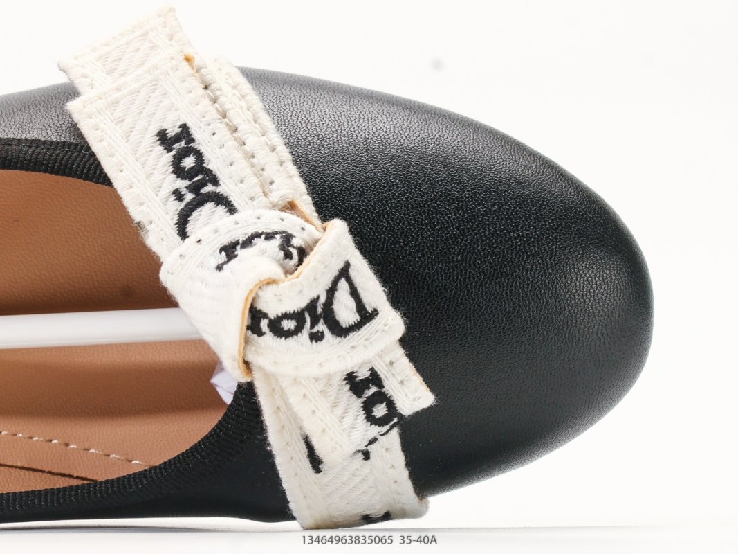 Dior J'Adior Ballet Flat Black Leather White Ribbon Bow view