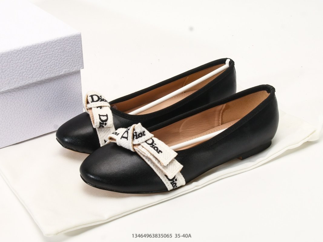 Dior J'Adior Ballet Flat Black Leather White Ribbon Bow view