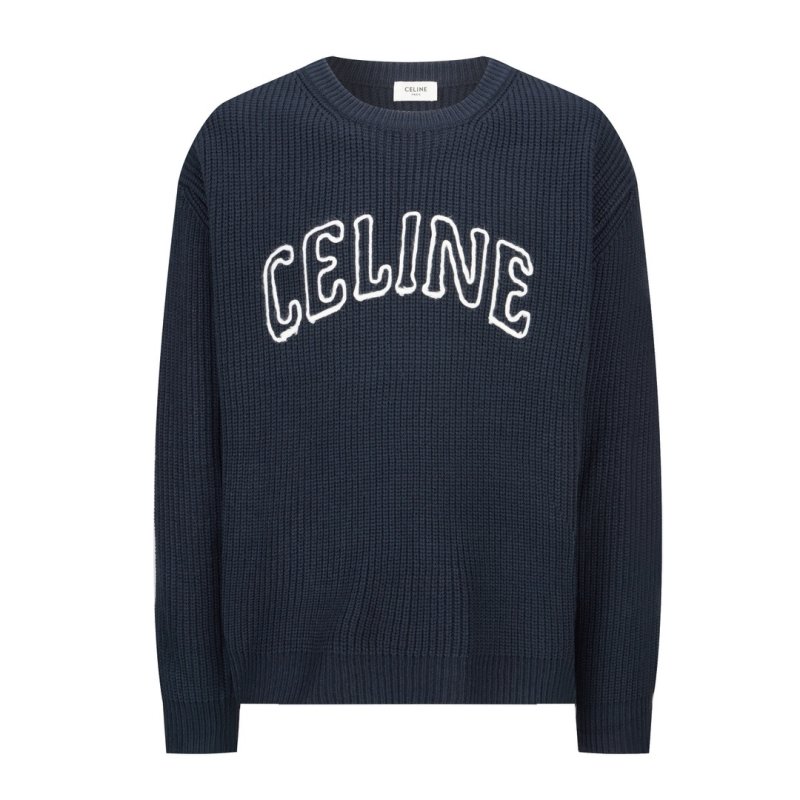 Celine 24SS Cutout Embroidery Crew Neck Wool Sweater Navy