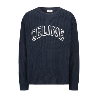 Celine 24SS Cutout Embroidery Crew Neck Wool Sweater Navy