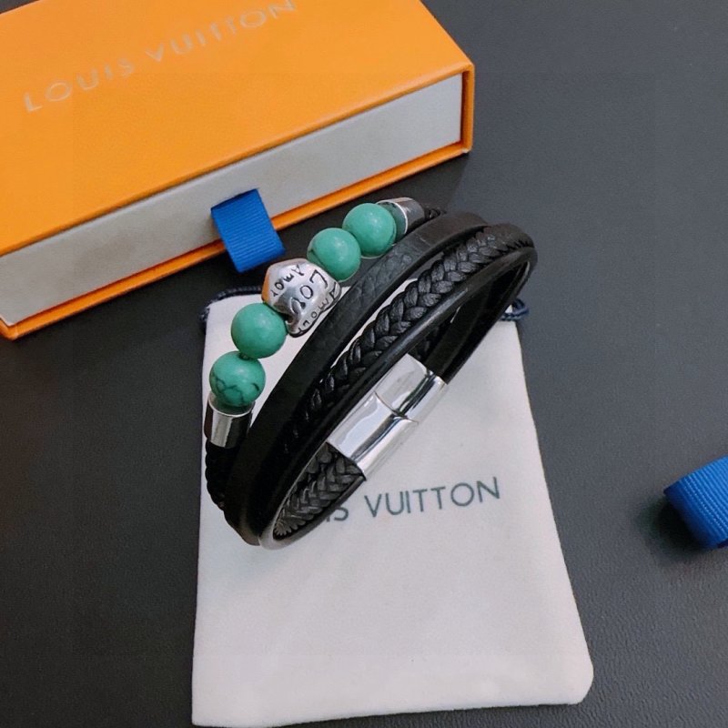 LV Inspired Leather Bracelet Set - Black Woven & Green Jade Stones