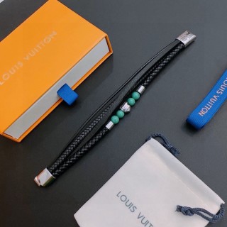 LV Inspired Leather Bracelet Set - Black Woven & Green Jade Stones view 2