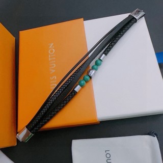 LV Inspired Leather Bracelet Set - Black Woven & Green Jade Stones view 3