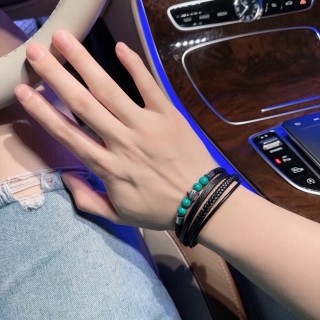 LV Inspired Leather Bracelet Set - Black Woven & Green Jade Stones view 4