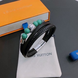 LV Inspired Leather Bracelet Set - Black Woven & Green Jade Stones view 6