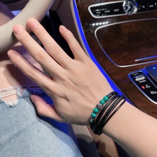 LV Inspired Leather Bracelet Set - Black Woven & Green Jade Stones view 7