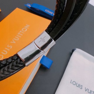 LV Inspired Leather Bracelet Set - Black Woven & Green Jade Stones view 8