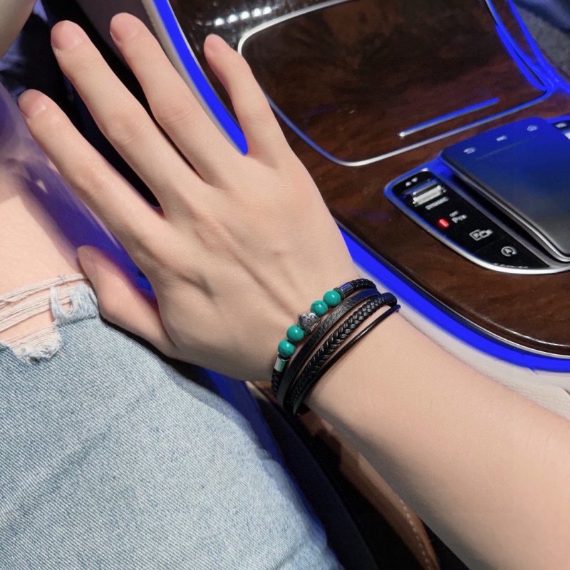 LV Inspired Leather Bracelet Set - Black Woven & Green Jade Stones view