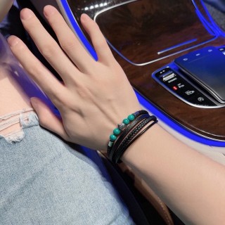 LV Inspired Leather Bracelet Set - Black Woven & Green Jade Stones view 9