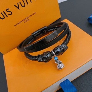 Louis Vuitton Black Leather Punk Silver Charm Bracelet Stack view 1