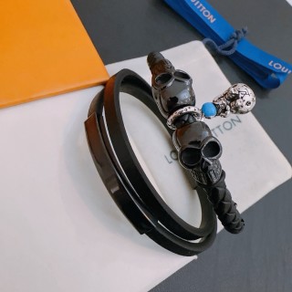 Louis Vuitton Black Leather Punk Silver Charm Bracelet Stack view 5