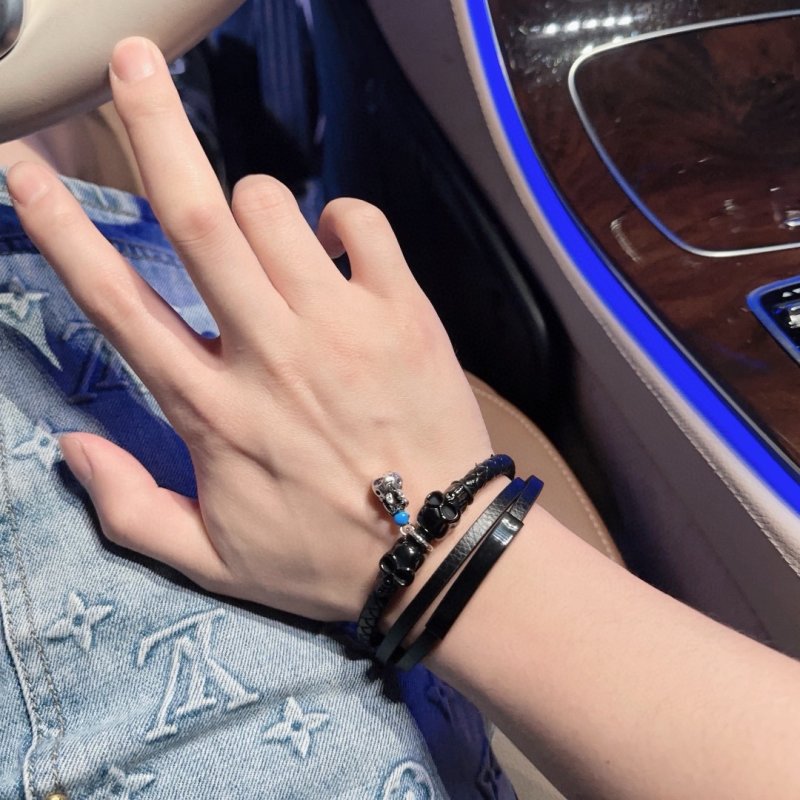 Louis Vuitton Black Leather Punk Silver Charm Bracelet Stack view