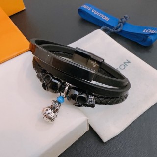 Louis Vuitton Black Leather Punk Silver Charm Bracelet Stack view 7
