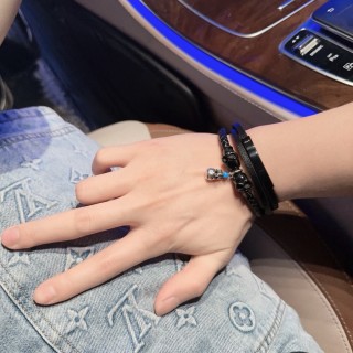 Louis Vuitton Black Leather Punk Silver Charm Bracelet Stack view 9