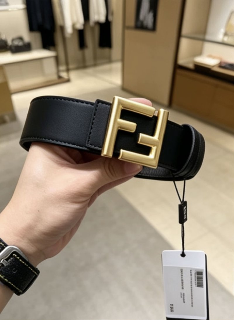 Fendi FF Wide Leather Belt Black Gold 38MM