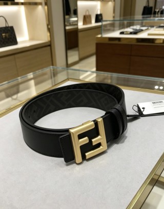 Fendi FF Wide Leather Belt Black Gold 38MM view 2
