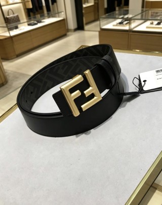 Fendi FF Wide Leather Belt Black Gold 38MM view 4