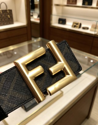 Fendi FF Wide Leather Belt Black Gold 38MM view 6
