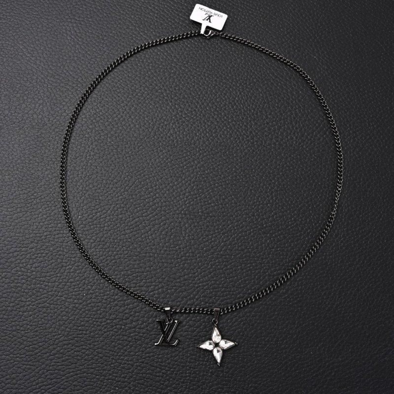 LV Floral Diamond Logo Chain Necklace Black Silver