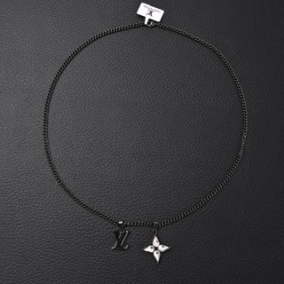 LV Floral Diamond Logo Chain Necklace Black Silver