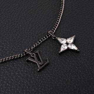 LV Floral Diamond Logo Chain Necklace Black Silver view 2