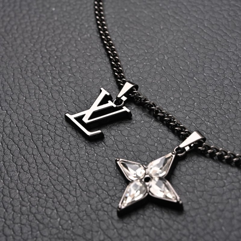 LV Floral Diamond Logo Chain Necklace Black Silver view