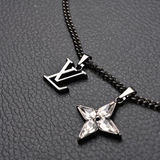 LV Floral Diamond Logo Chain Necklace Black Silver view 3