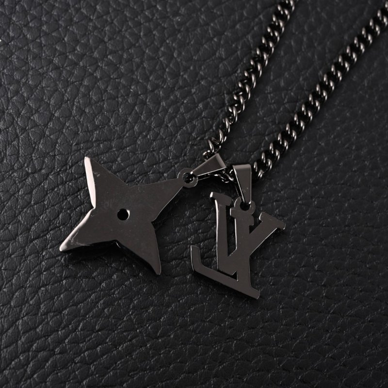 LV Floral Diamond Logo Chain Necklace Black Silver view