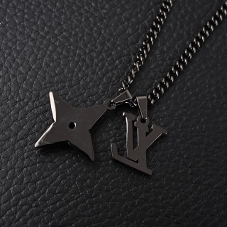 LV Floral Diamond Logo Chain Necklace Black Silver view 4